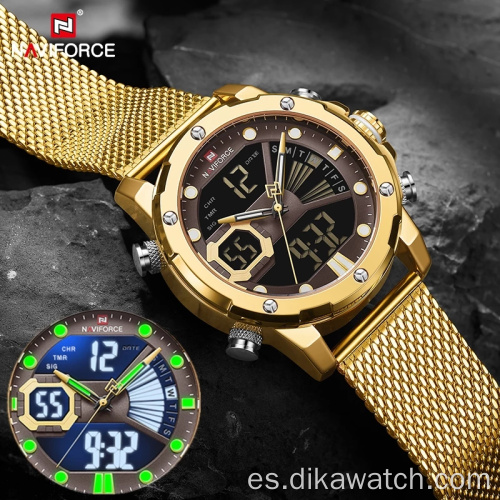 NAVIFORCE 9172 relojes deportivos impermeables para hombres, relojes de pulsera digitales militares con correa de acero de cuarzo dorado, reloj Masculino